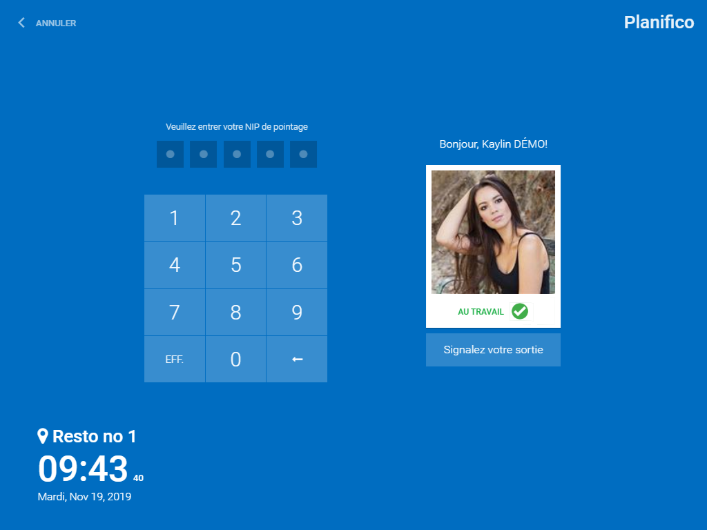 Clocking device interface with numeric pad and site location