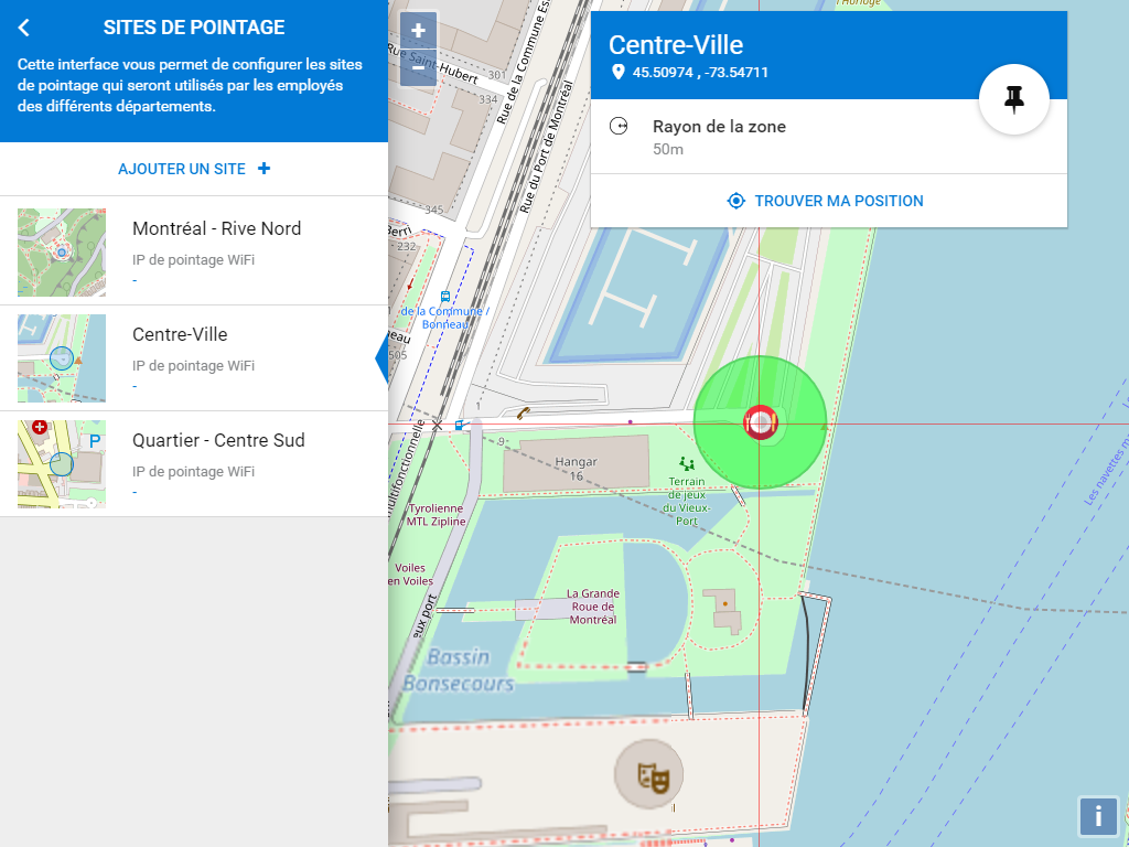 Site location management with navigation map and clocking zone radius