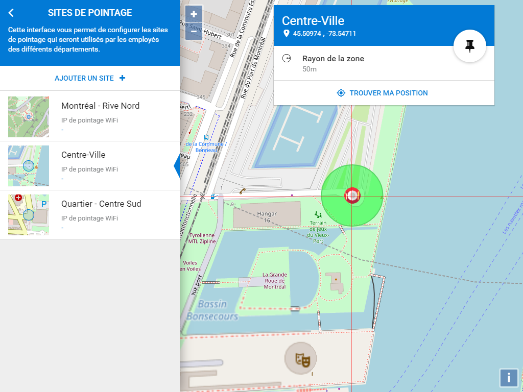 Gestion des emplacements de travail avec carte de navigation et rayon de zone de pointage